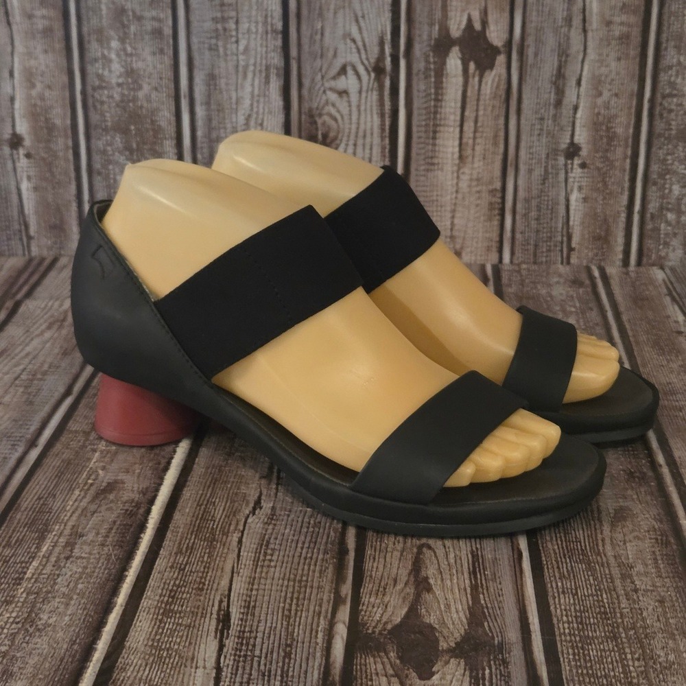Sz 37 / 7 Womens Camper Alright Black Red Block Heel Elastic Strap Sandals VGUC